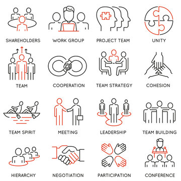Vector set of linear icons related to business process, team work and human resource management. Mono line pictograms and infographics design elements