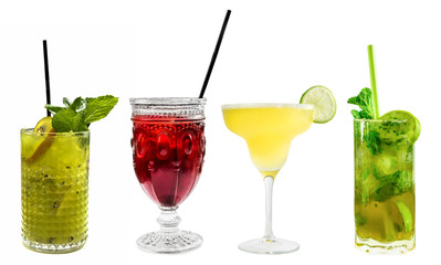 Set of vibrant cocktails, isolated on white