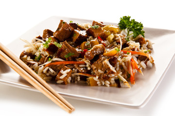 Roast meat with rice eaten with sticks