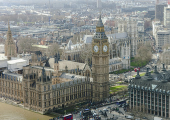 aerial view of Big Ben and Westminster Abbey in London city