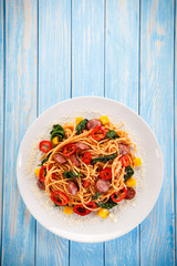 Spaghetti with vegetables and sausage