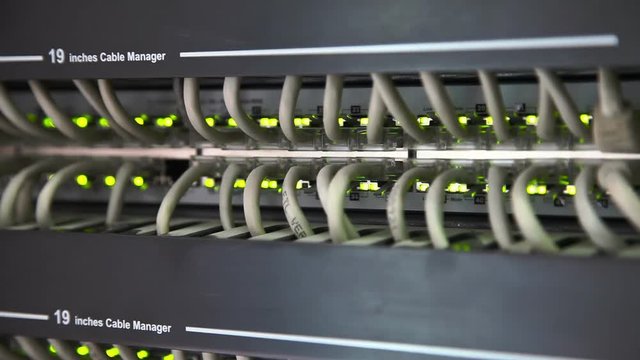 Close up panorama of ethernet network equipment with blinking green leds and cat5 cables