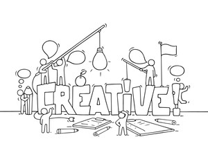 Cartoon working little people with word Creative.