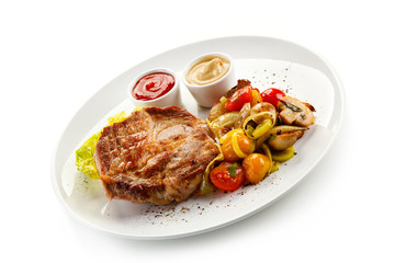 Roast steak on white plate