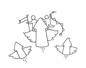 Sketch of working little people with flying arrows.