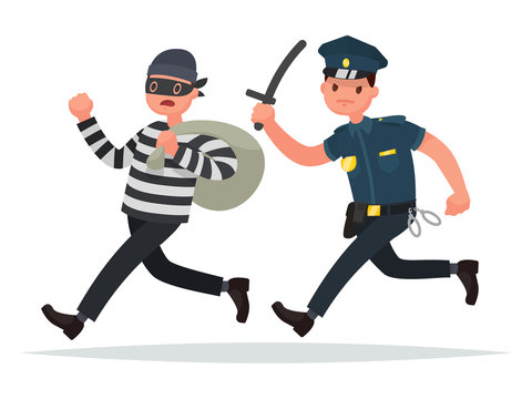 Policeman chasing a thief. The concept of combating crime. Vector illustration