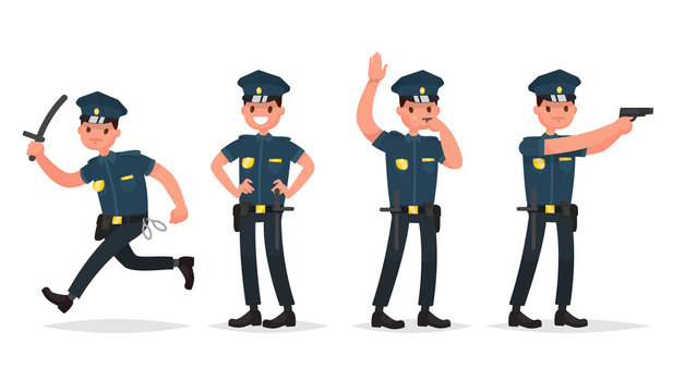 Set Of Policeman In Different Poses. Vector Illustration In A Flat Style