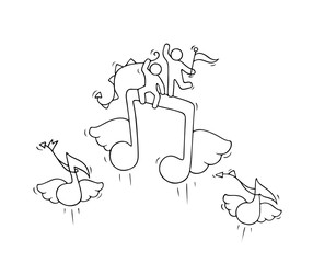 Sketch of working little people with flying notes.