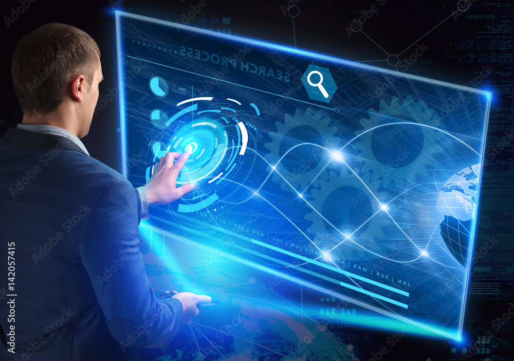 Poster businessman pressing high tech type of modern buttons on a virtual background