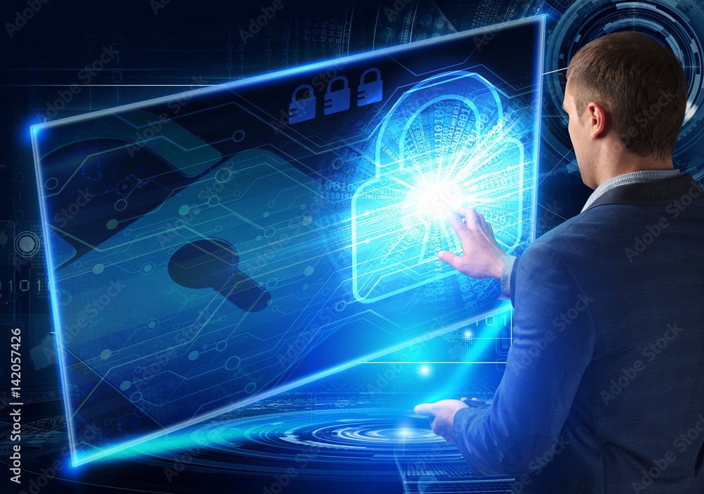 Poster businessman pressing high tech type of modern buttons on a virtual background