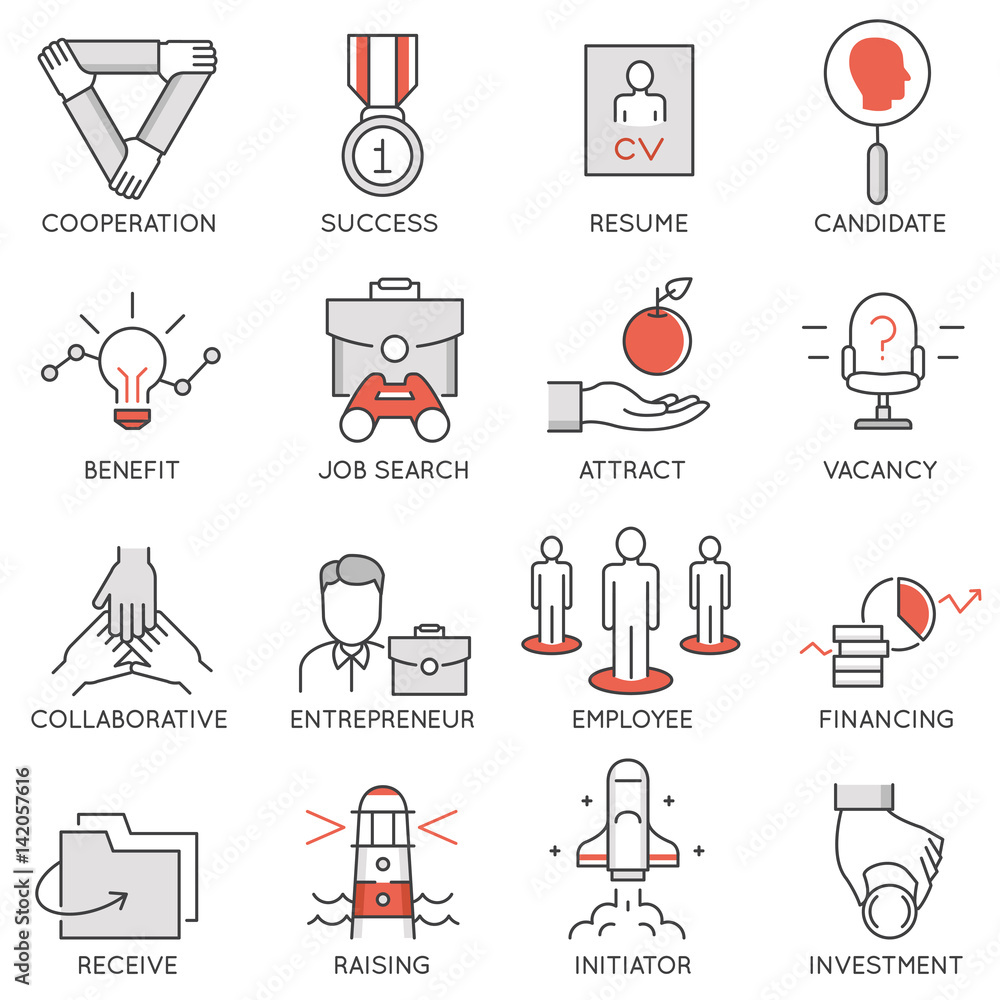 Poster vector set of flat linear icons related to business management, strategy, career progress and busine