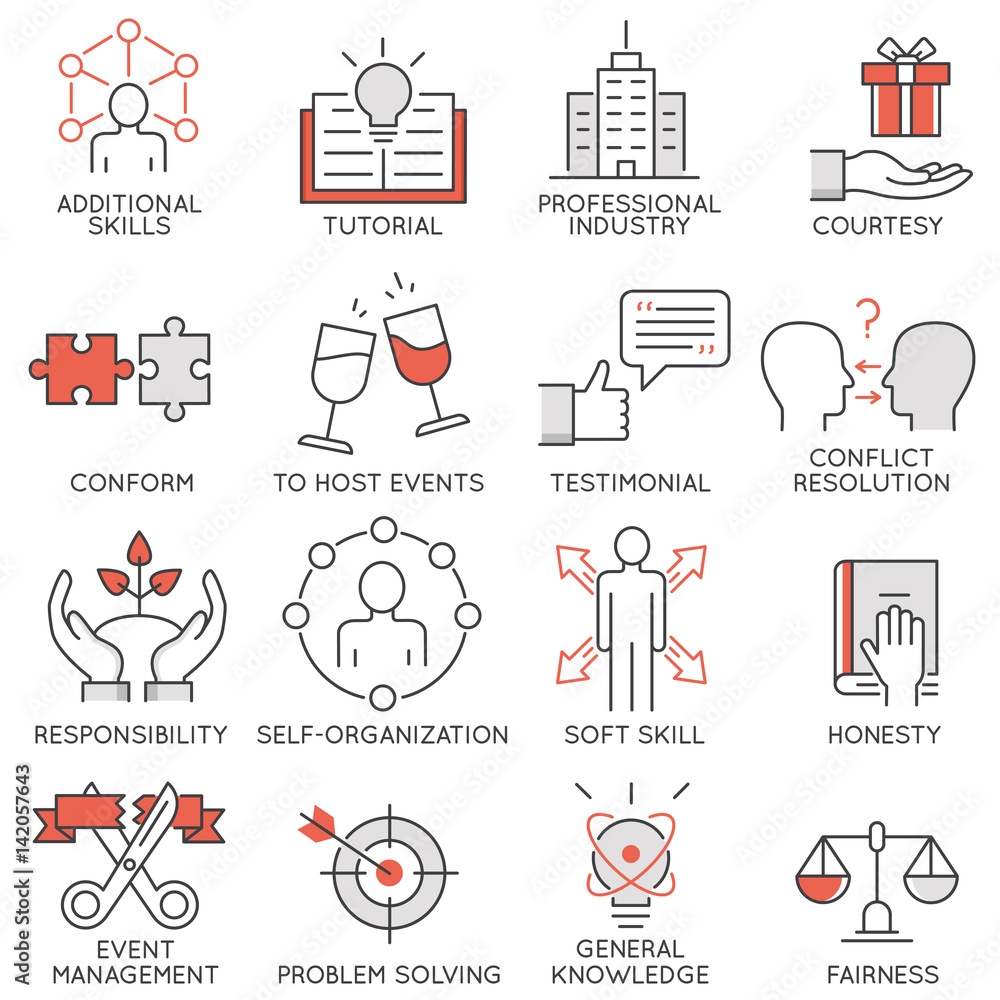 Poster vector set of flat linear icons related to business management, strategy, career progress and busine