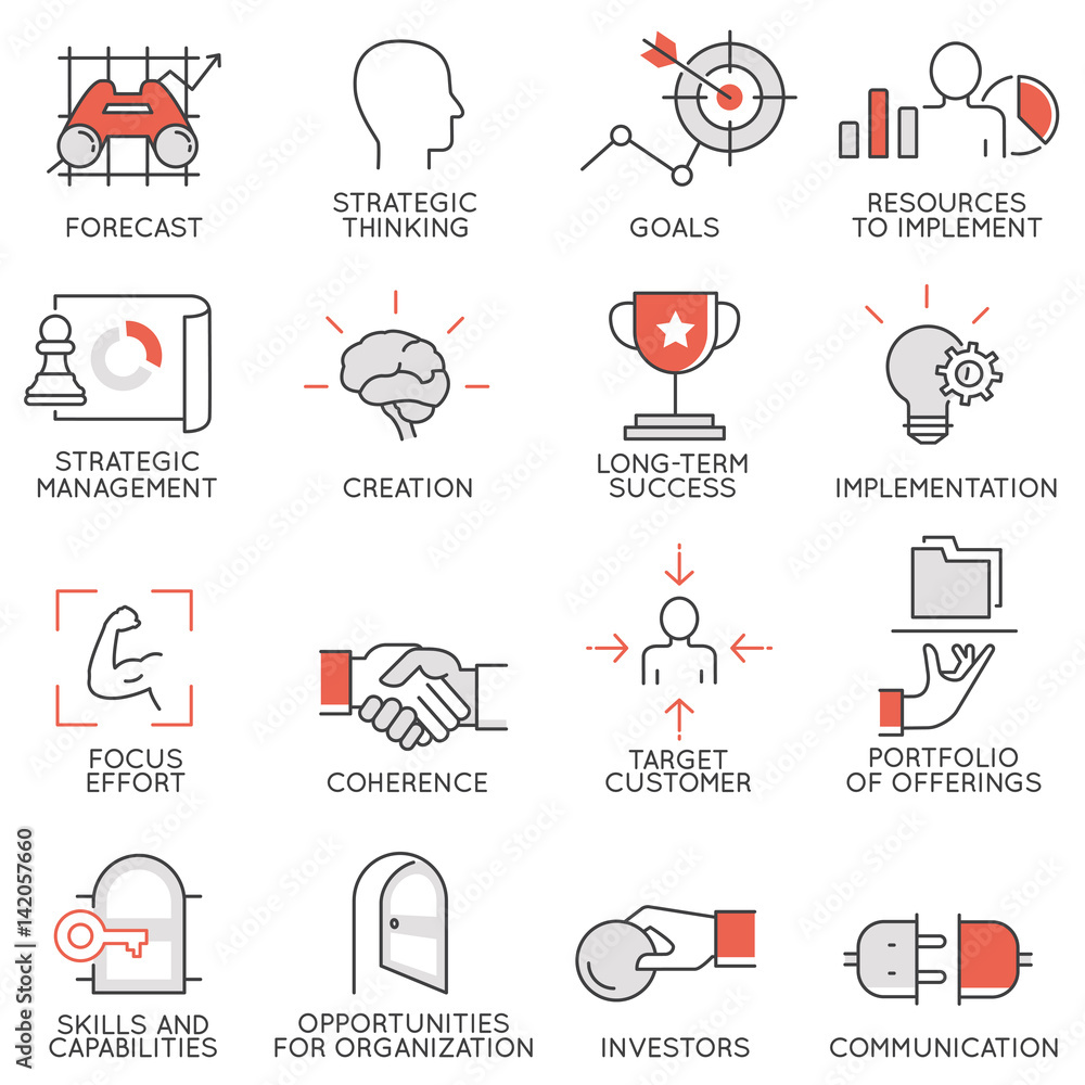 Poster vector set of flat linear icons related to business management, strategy, career progress and busine