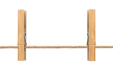 Isolated clothespins. Wooden clothespins on rope isolated on white background with clipping path
