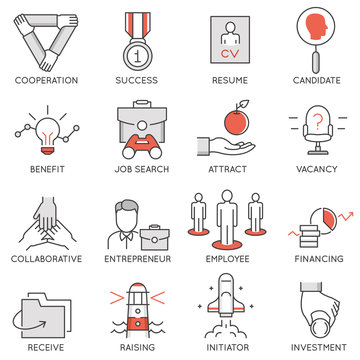 Vector set of flat linear icons related to business management, strategy, career progress and business process. Mono line flat pictograms and infographics design elements - 1