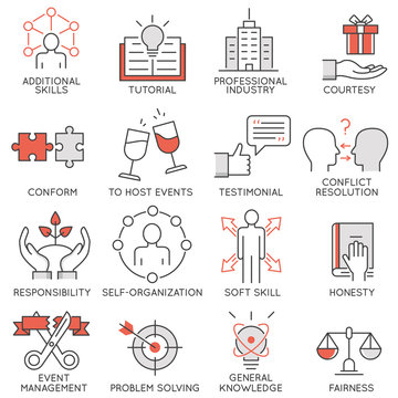 Vector set of flat linear icons related to business management, strategy, career progress and business process. Mono line flat pictograms and infographics design elements - 2