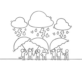Cartoon working little people with umbrella.