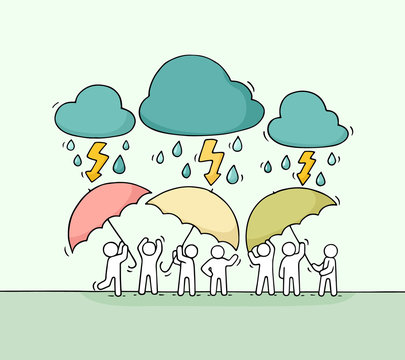 Cartoon working little people with umbrella.