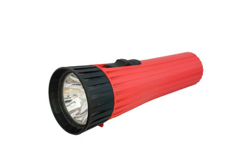 Red flashlight off laying on white background