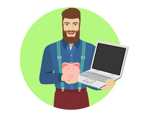 Hipster holding a piggy bank and laptop notebook