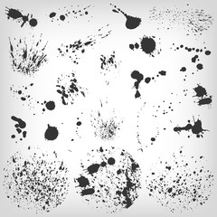 Set of ink splashes and three textures with a spray. Grunge ink blots and drops. Vector. Easy to use