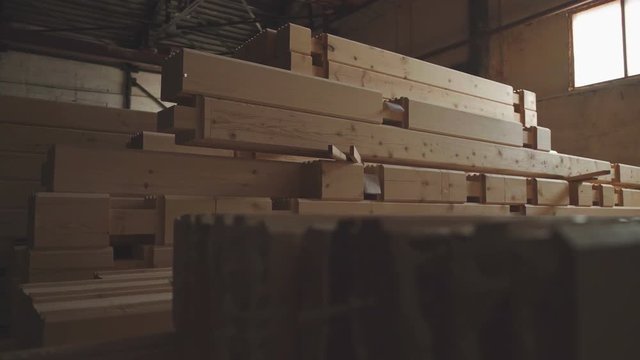 LVL. Large hangar with the production line for wood. Wood Factory general plan: the production of laminated veneer lumber. The interior of the production hall in the woodworking factory.