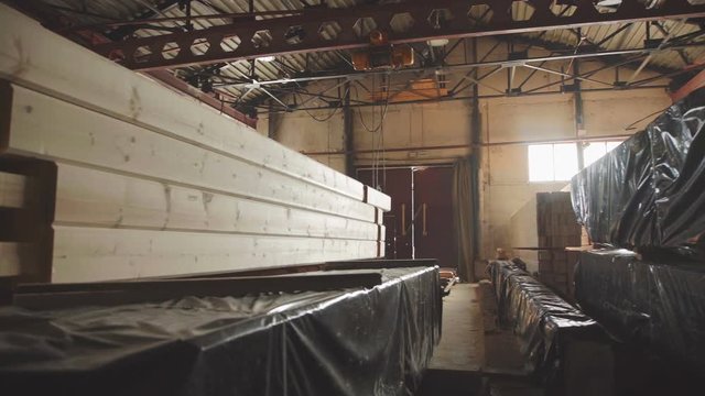 LVL Laminated Veneer Lumbe. Wood Factory general plan: the production of laminated veneer lumber. The interior of the production hall in the woodworking factory.