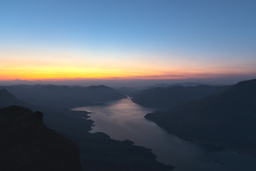 Mae Ping river view point. Sunrise above the lake and mountain.