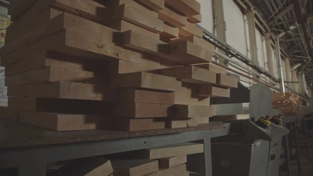 LVL Laminated Veneer Lumbe. Large hangar with the production line for wood. The interior of the production hall in the woodworking factory. Workshop for production of laminated veneer lumber.