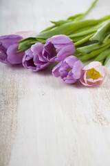 Fototapeta na wymiar Bouquet of tulips on a wooden background.