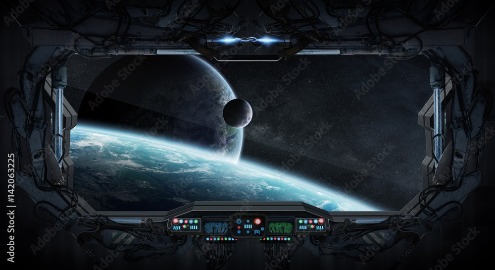Poster Window view of space and planets from a space station