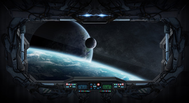 Fototapeta Window view of space and planets from a space station