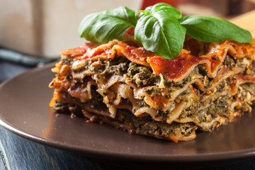 Piece of tasty hot lasagna with spinach on a plate