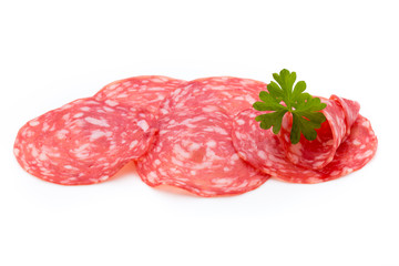 Salami smoked sausage slices isolated on white background cutout.