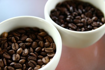 Closeup of roasted coffee beans in small white cups