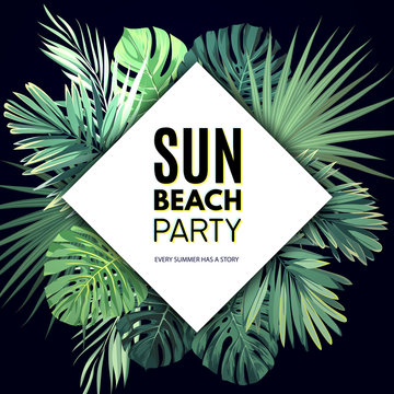 Bright vector floral banner template for summer beach party. Tropical flyer with exotic palm leaves and plants.
