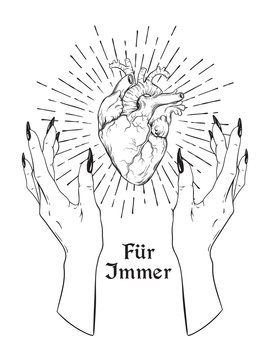 Human heart in graceful female hands isolated. Sticker, print or blackwork tattoo hand drawn vector illustration. Inscription: forever in german
