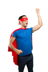 Astonished superhero with a fly gesture