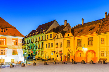 Sighisoara, Romania. Old town square at twilight.