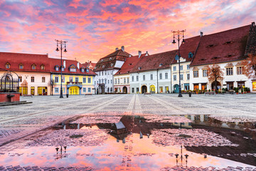 Sibiu, Romania. Large Square (Piata Mare) at sunrise. Transylvanian medieval city.