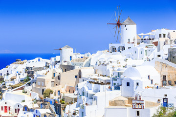 Fototapeta premium Santorini, Greece. Windmills of Oia (Ia) village.