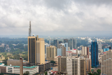 Panoramic top view on central business district of Nairobi from helipad on the roof of Kenyatta International Conference Centre (KICC)
