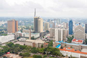 Panoramic top view on central business district of Nairobi from helipad on the roof of Kenyatta International Conference Centre (KICC)
