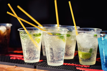 Lemonade drink of soda water, lemon and mint leaves in jar,mojito or lemonade,Fresh cocktails with ice and lime,Refreshing drinks