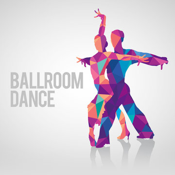 Multicolored polygonal vector silhouette of ballroom dancers