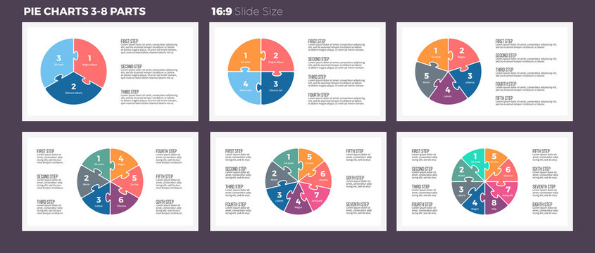 Business infographics. Pie charts with 3-8 steps, sections.