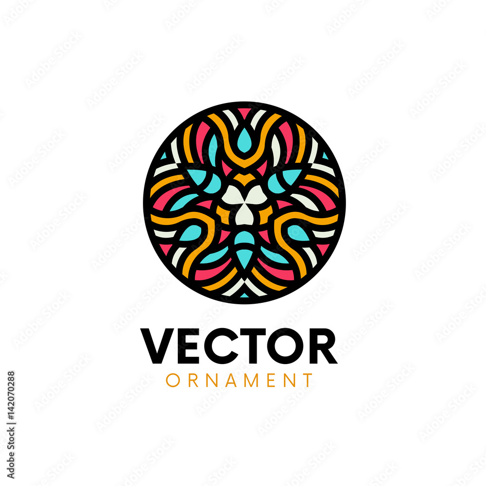 Poster abstract mandala logo circle ornament icon. retro round tracery vector design.