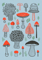 Mushrooms illustration with leaves blue