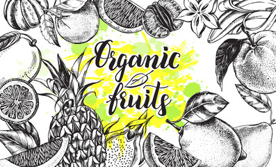 Background with Ink hand drawn citrus, tropical fruits and brush calligraphy style lettering. Template for design leaflets, labels, banners. Vector illustration.