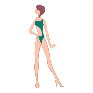 Young beautiful girl posing with hand on hip. Vector illustration